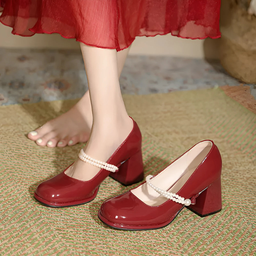 French chunky heel Mary Jane shoes with pearl strap in apricot widened 7CM fit, patent leather round toe