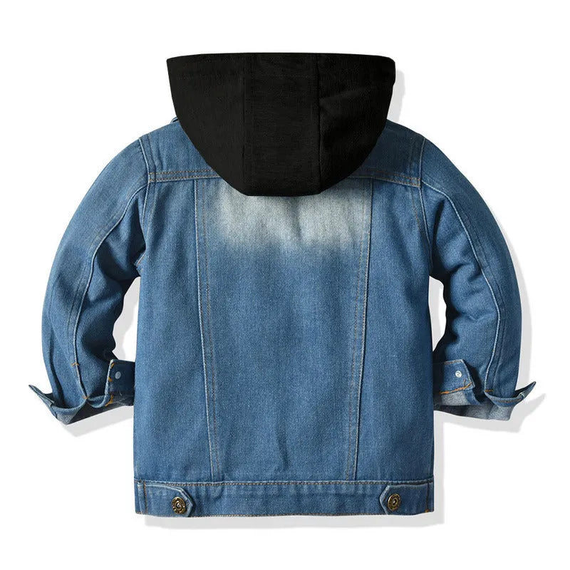 Grey children's hooded fake denim jacket with lapel collar, shown on a hanger