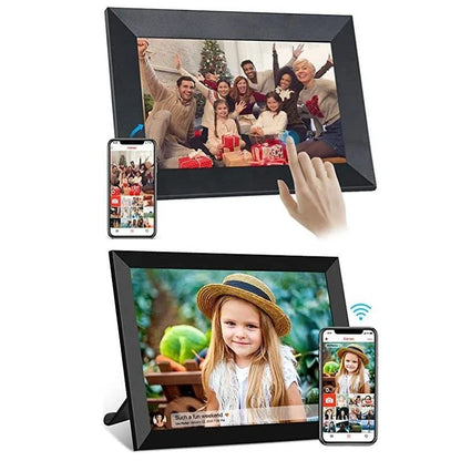 Touchscreen WiFi digital photo frame with portrait and landscape rotation capabilities