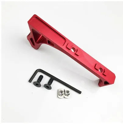 Black and red aluminium rifle handstops for M-LOK and KEY-MOD attachment systems on an AR-15 handguard.