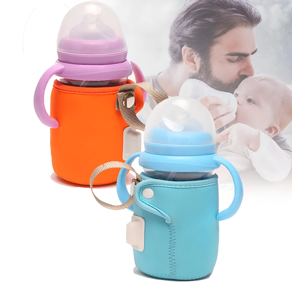 Baby USB bottle warmer with cotton cover showing orange and blue colour options