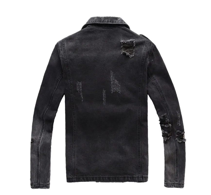 Black denim jacket with lapel collar, zip placket, long sleeves and zipper pockets, slim fit