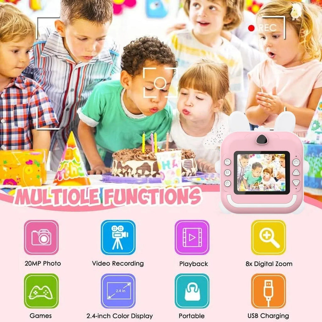 Q5 Polaroid children's digital cartoon camera in pink rabbit design with lanyard on a white background