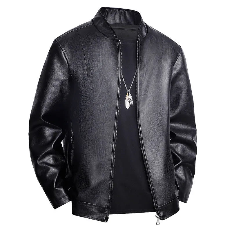 Slim-fit men's PU leather casual jacket in black with a regular 50cm length and polyester lining
