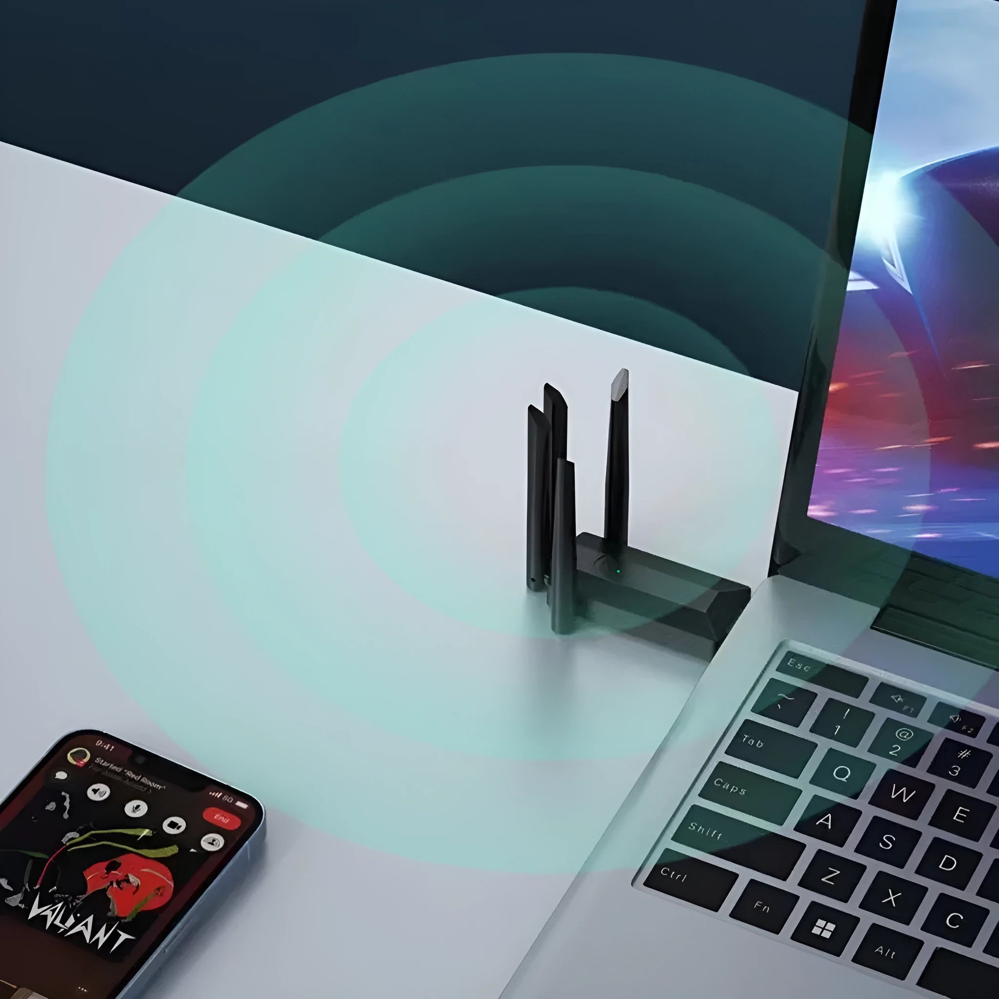 Black USB WiFi network transmitter dongle with four extended external antennas.