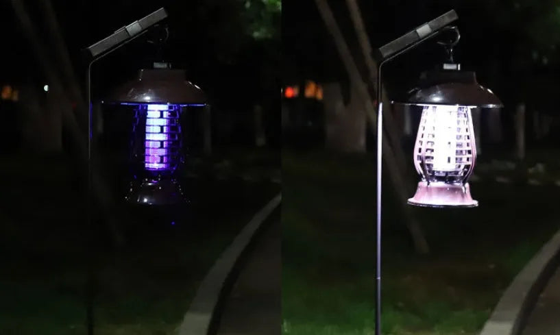 White outdoor solar mosquito lamp with solar panel and LED light beads for garden insect control.