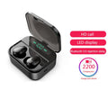 X7LED black and white sports Bluetooth headphones with charging case showing LED display