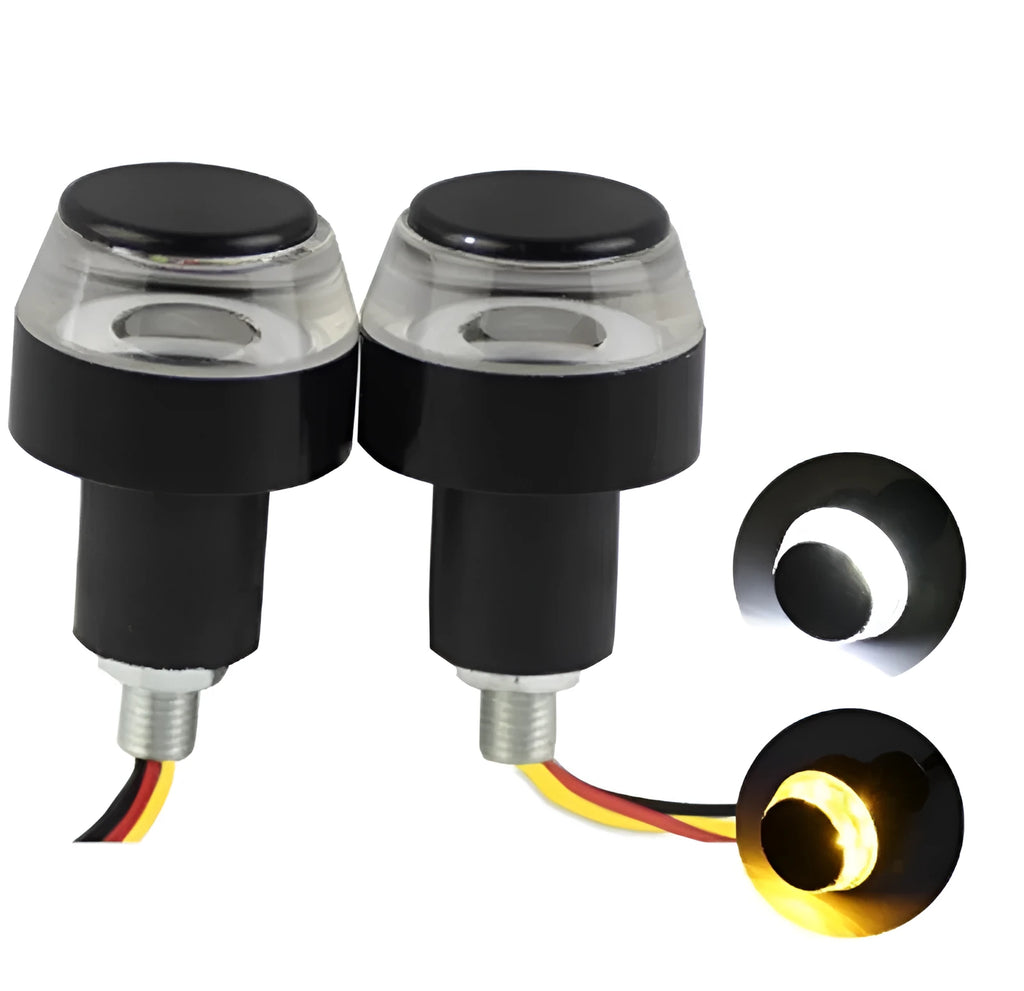 Motorcycle handlebar LED turn signal light set in white yellow with ABS housing and DC 12V voltage for motorbike, ATV, and scooter