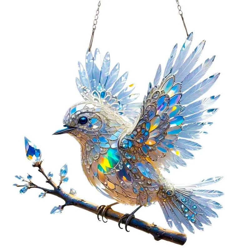 Cartoon bird acrylic pendant decoration with UV printed colourful graphics on reinforced cardboard backing