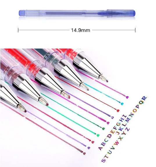Pack of assorted colour gel pens showing the 2.2mm large inner diameter ink refill specification.