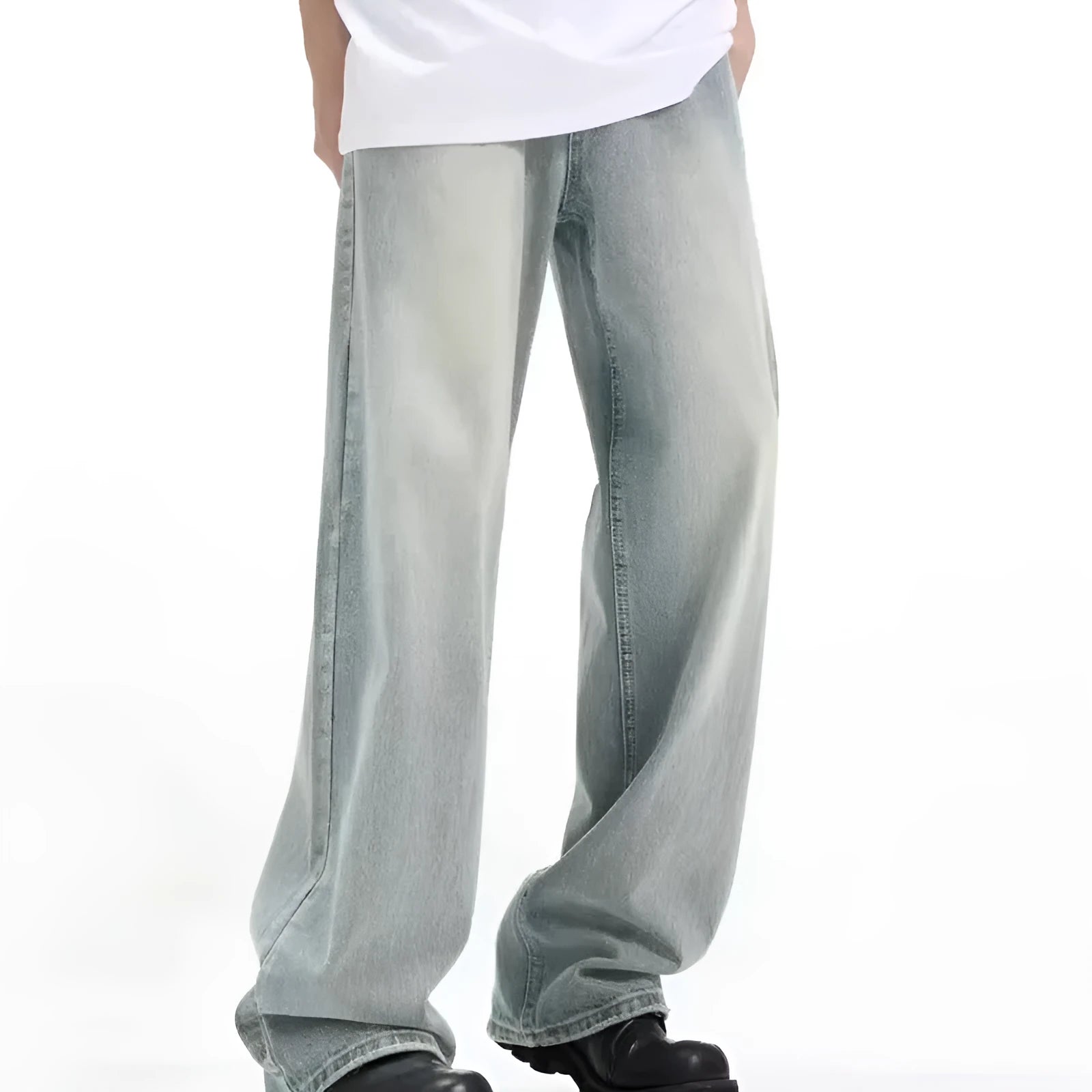 Blue retro-style loose casual trousers made from rabbit fur on a size chart.