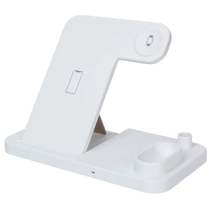 Black 4-in-1 wireless charging station with phone on adjustable stand, charging Apple Watch, AirPods, and Apple Pencil.