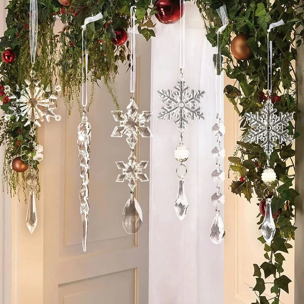 Set of 10 transparent acrylic icicle and snowflake Christmas tree hanging ornaments with ribbons.