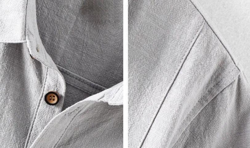 Men's loose fit cotton and linen casual shirt in a solid colour, shown in light grey.