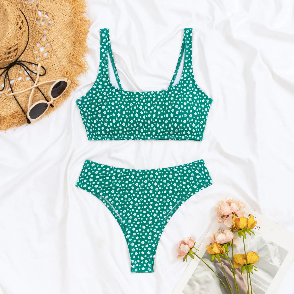 Floral print high-waist halter bikini set with U-neck top and matching briefs in green, orange or light purple.