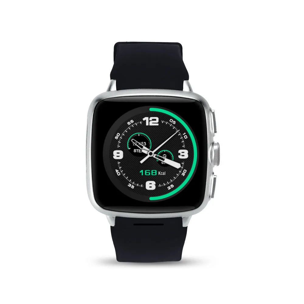 Black or white smart watch with a 1.54 inch HD touch screen and a wrist strap.