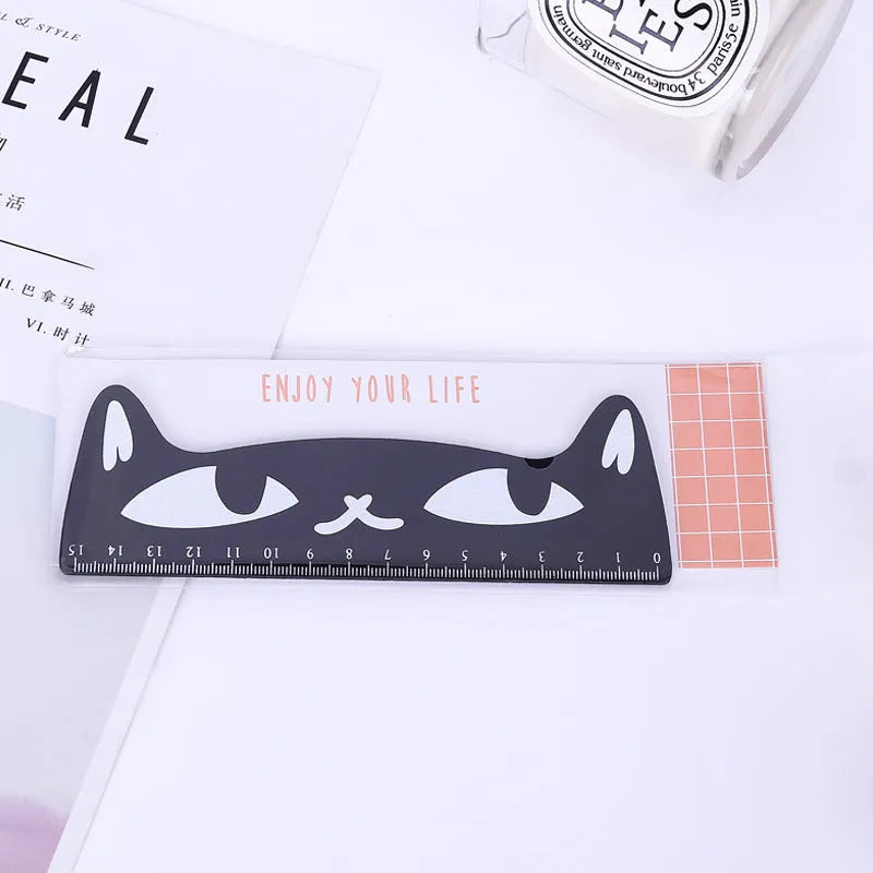 Kawaii candy colour cat wooden ruler, approximately 13cm by 2.5cm, in black, blue, pink, or white.