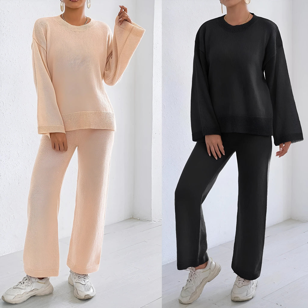 Women's two-piece loose pullover sweater and wide leg trousers set in deer plush fabric, beige suit option