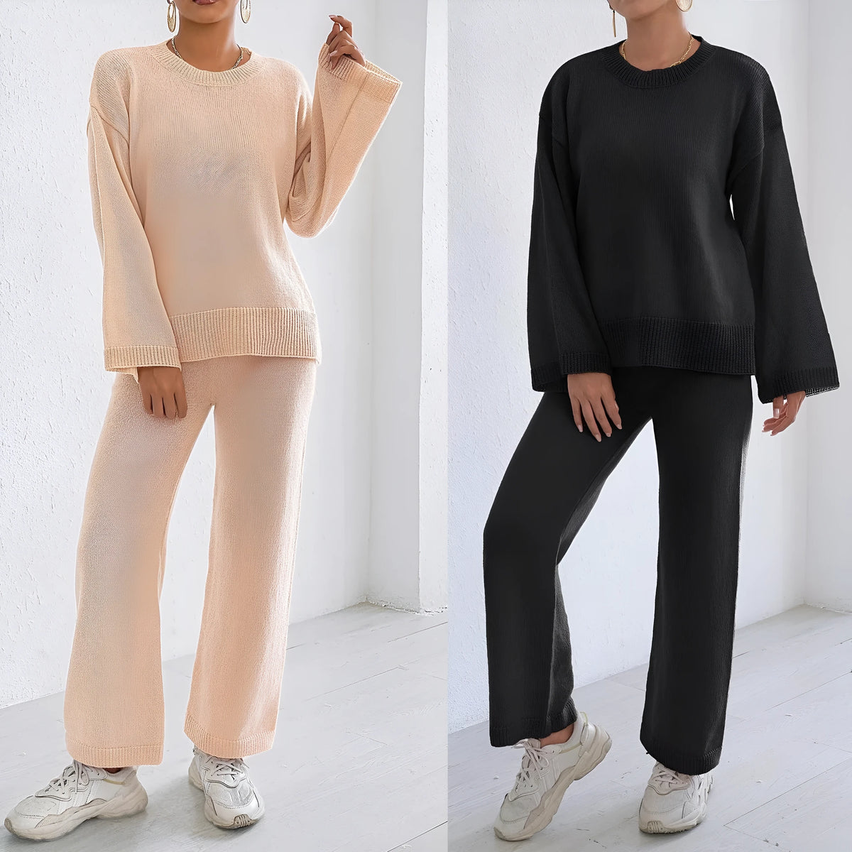 Women's two-piece loose pullover sweater and wide leg trousers set in deer plush fabric, beige suit option