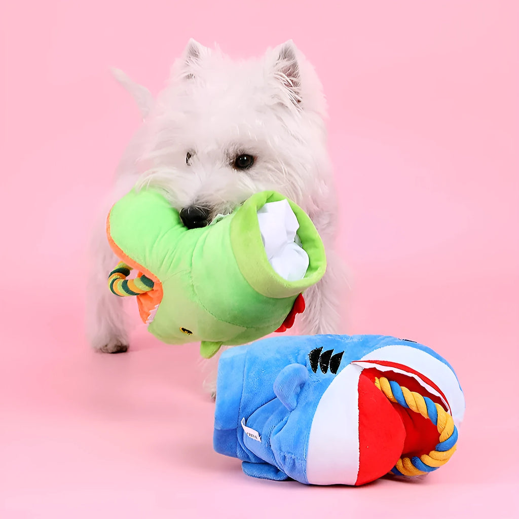 Soft plush monster shark dog toy for pet cuddles and gifting