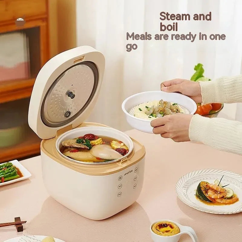 White intelligent multi-function rice cooker with 3L capacity and black inner pot on kitchen counter