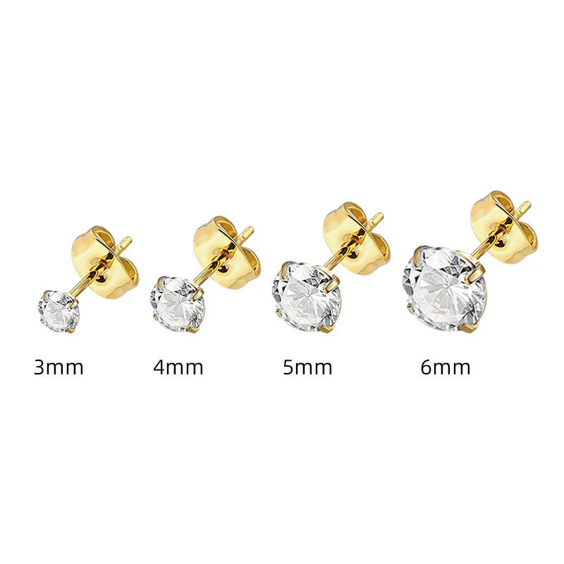 Stainless steel square geometric stud earrings with round zircon stones in gold and steel colour, sizes 2mm to 8mm.