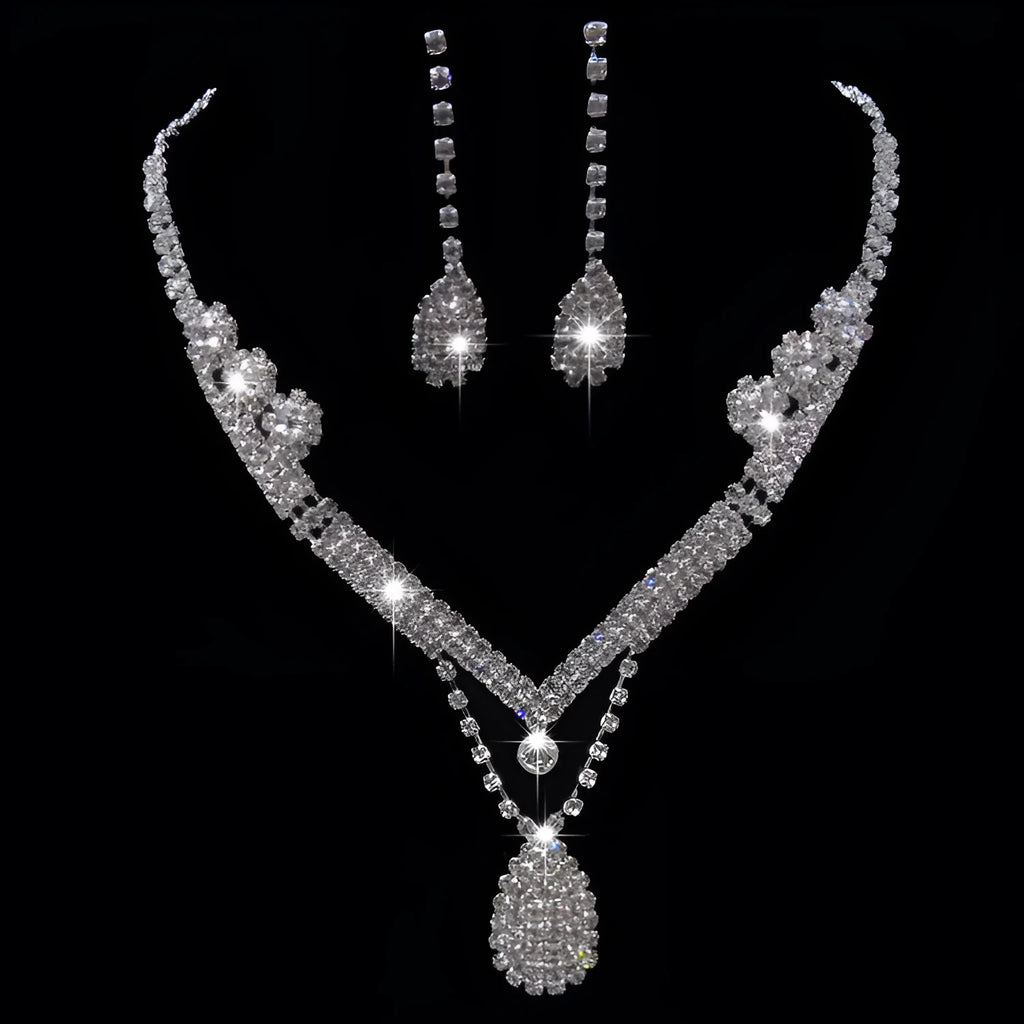 Water drop shape bridal necklace and earrings set with drill detailing for weddings and formal events.