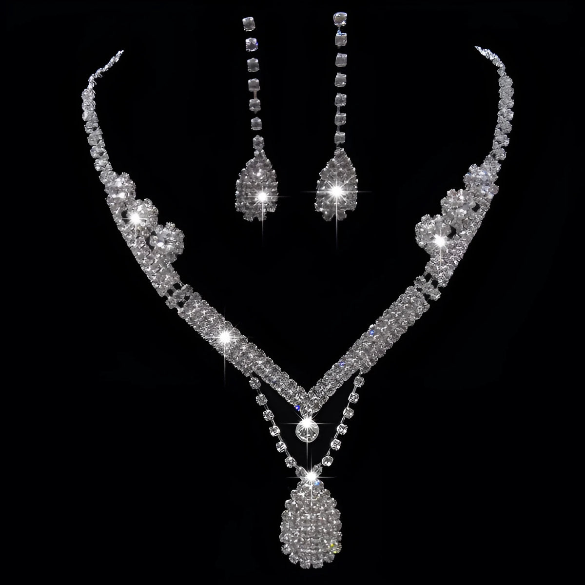 Water drop shape bridal necklace and earrings set with drill detailing for weddings and formal events.