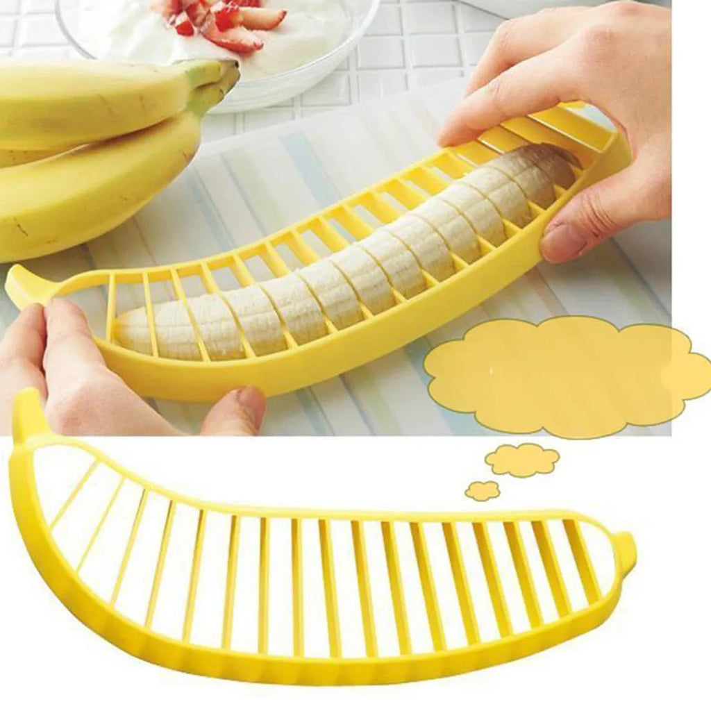 Yellow banana cutter slicer made of food-grade PP, approximately 25 x 7 x 1.4 cm