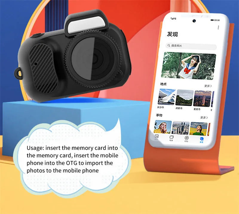Black retro mini camera with screen displaying 1080p HD video recording capability