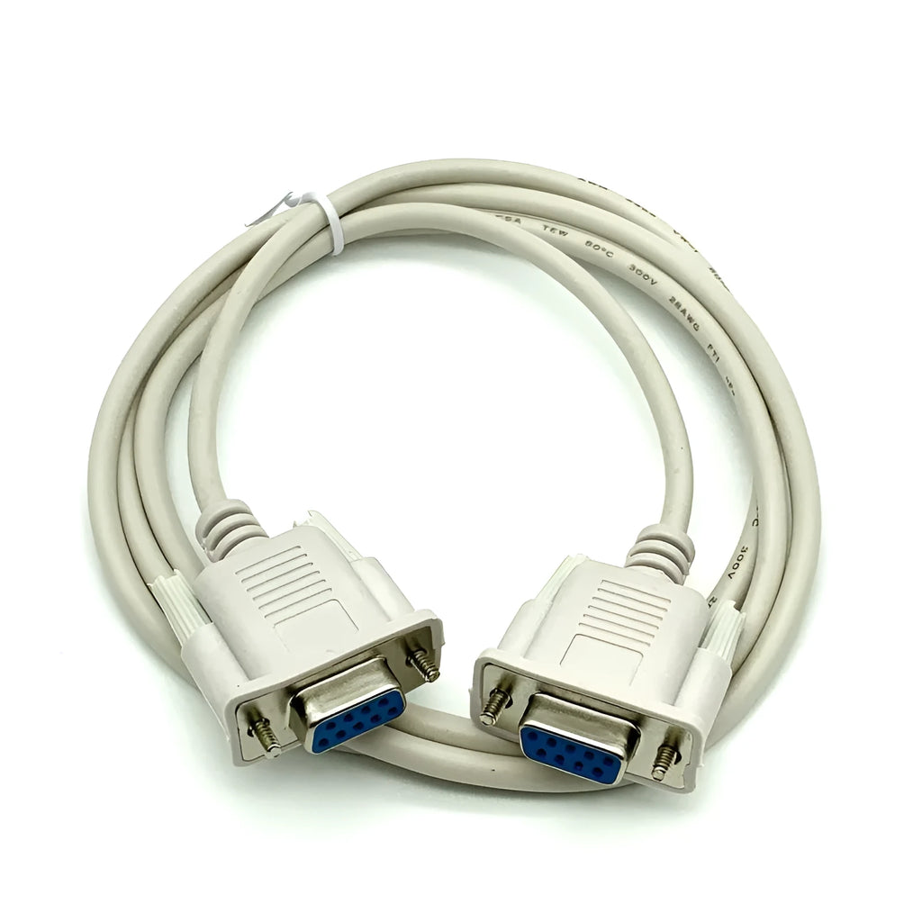 Milky white female-to-female DB9 RS232 serial cable with crossed wiring, 1.5 metres long.