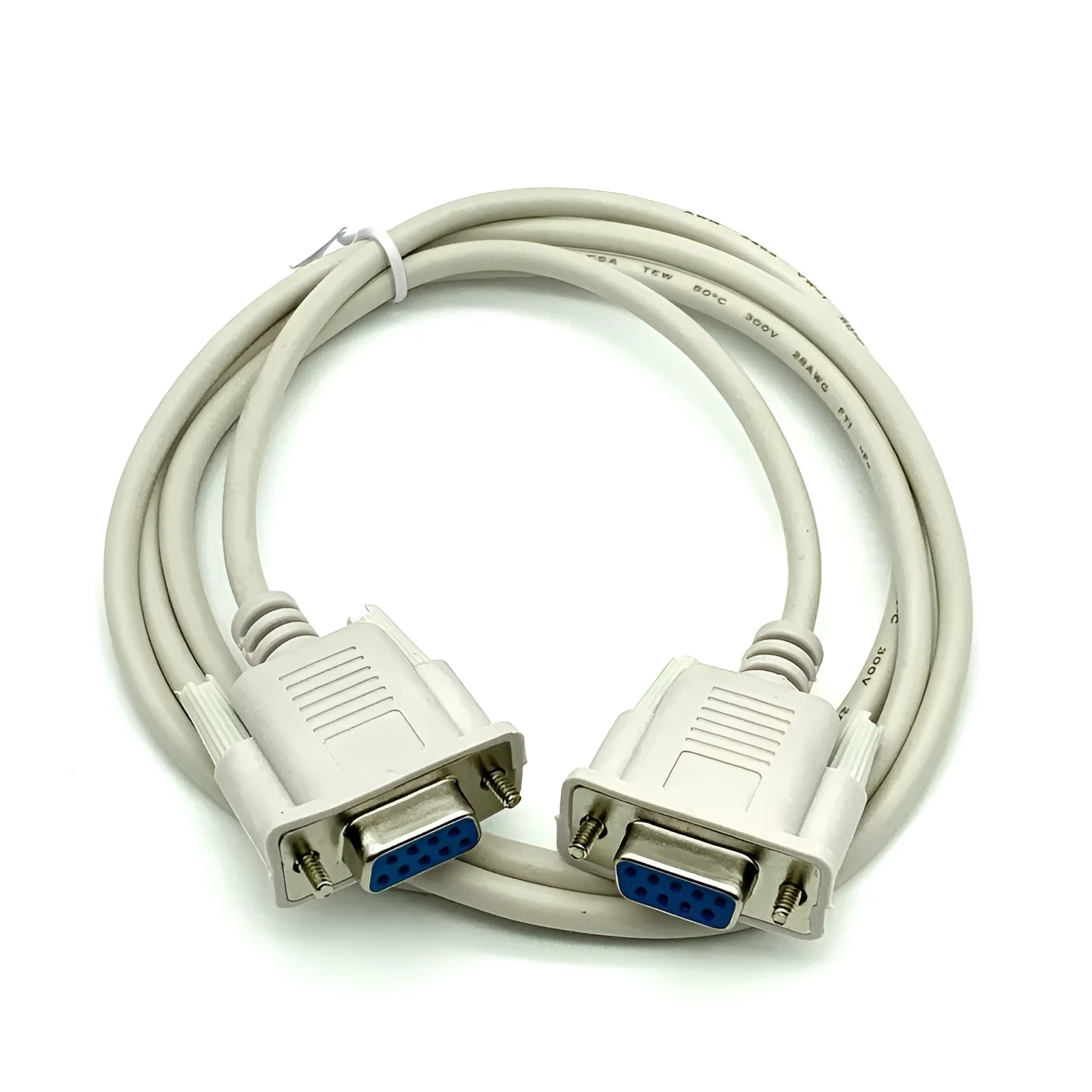 Milky white female-to-female DB9 RS232 serial cable with crossed wiring, 1.5 metres long.