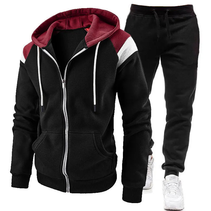 Men's polyester zip-up hoodie sweatshirt set in gray with matching trousers, front view