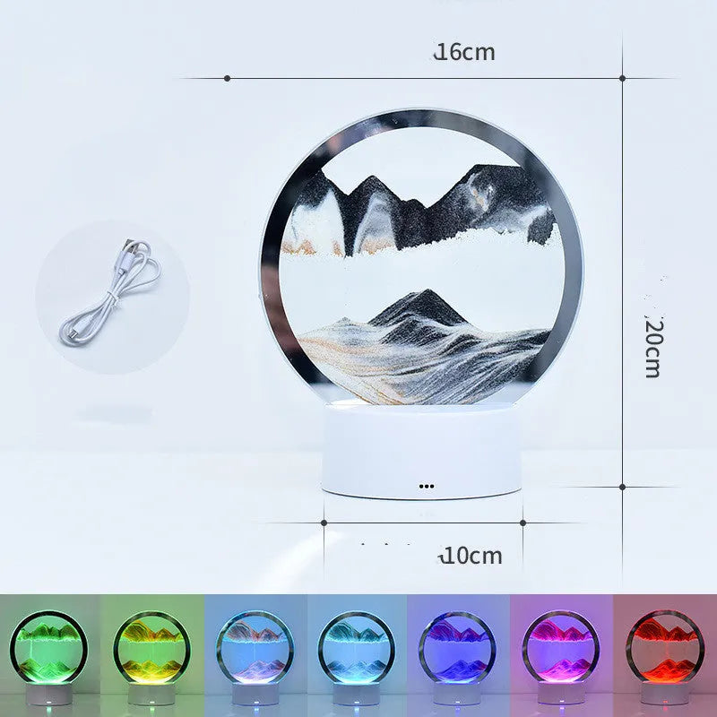 Quicksand hourglass lamp with colourful touch light and USB socket on a desktop