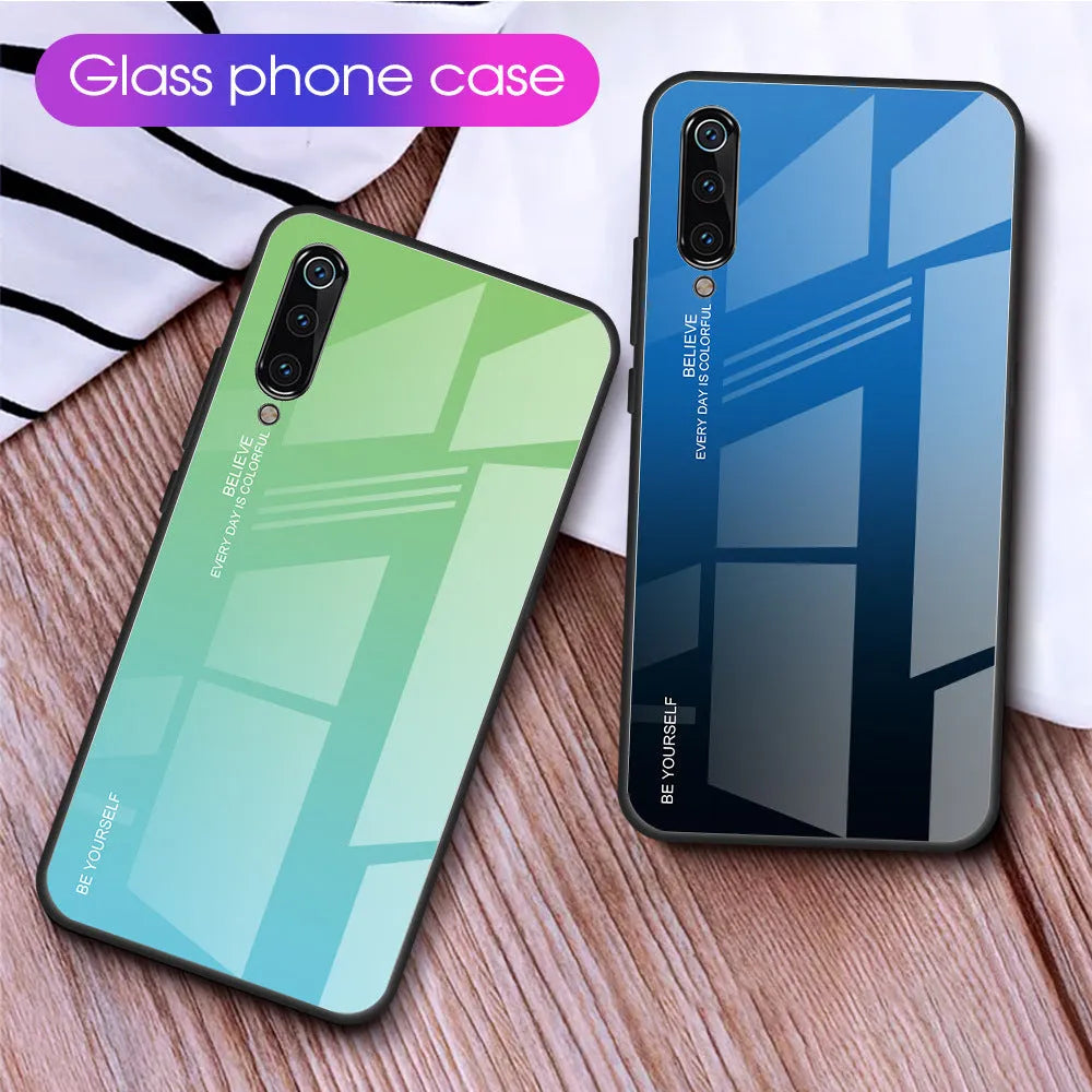 Gradient colour phone case for Xiaomi Redmi with tempered glass back and TPU frame