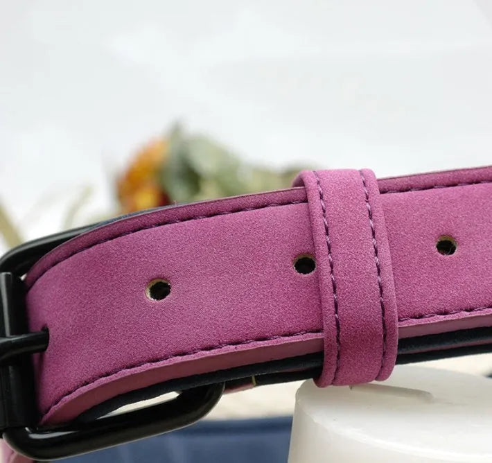 Dog collar made of soft microfiber leather with adjustable buttonhole, double D buckle, and painted alloy buckle in purple colour