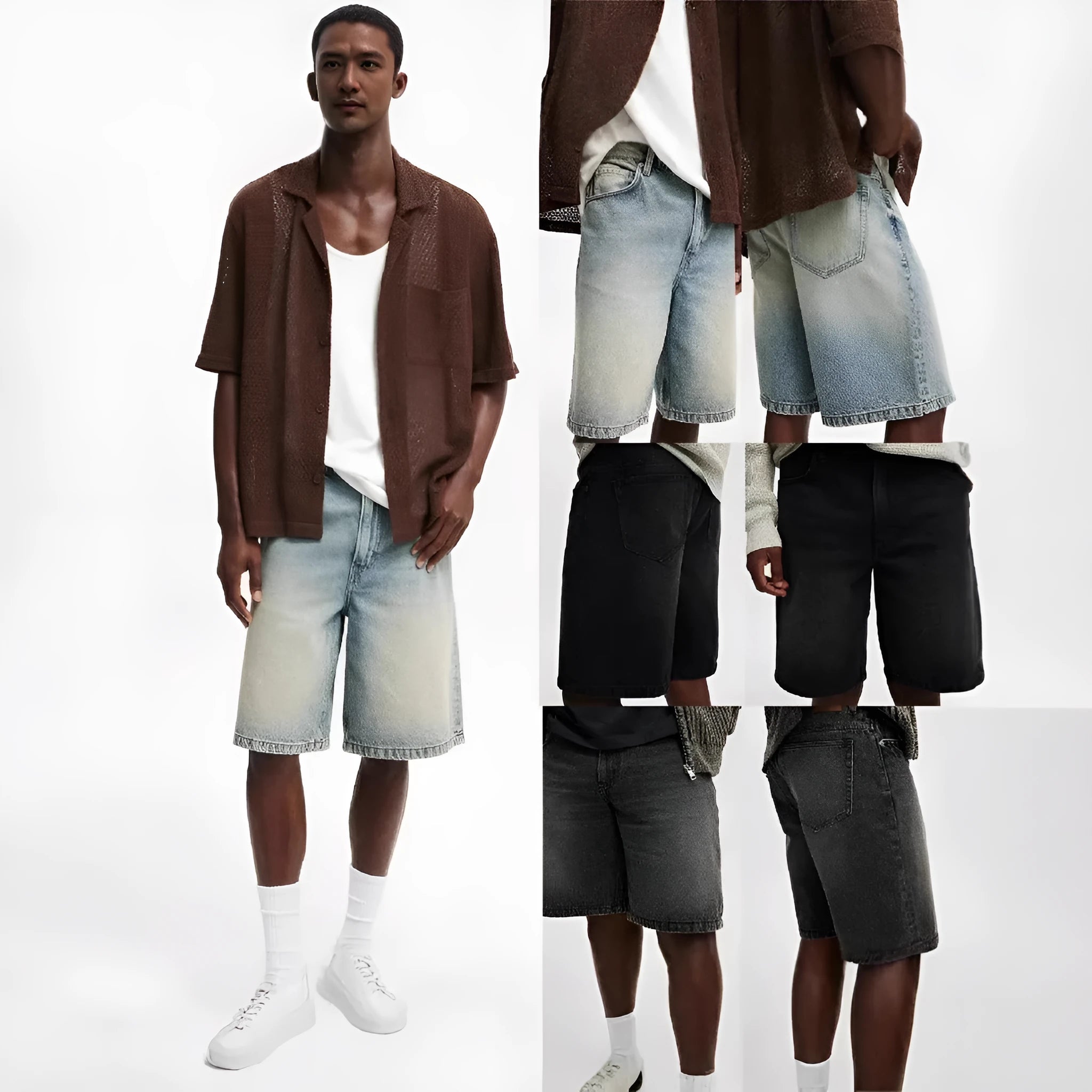 Men's loose straight-leg cotton jeans in light blue, black, and grey colours on a plain background.
