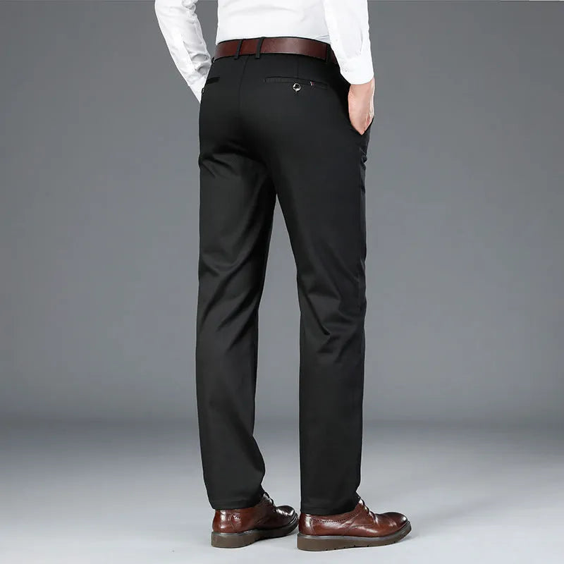 Men's high waist loose business casual trousers in khaki, straight leg, polyester, sizes 28-42