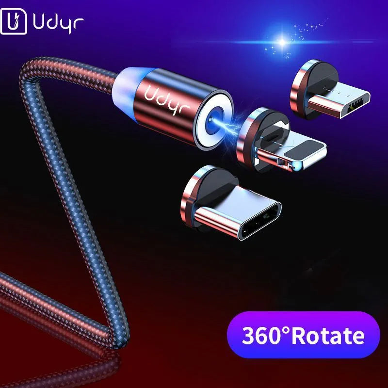 Black magnetic data cable with detachable Apple, Android and Type-C magnetic heads, shown in 1m and 2m lengths.