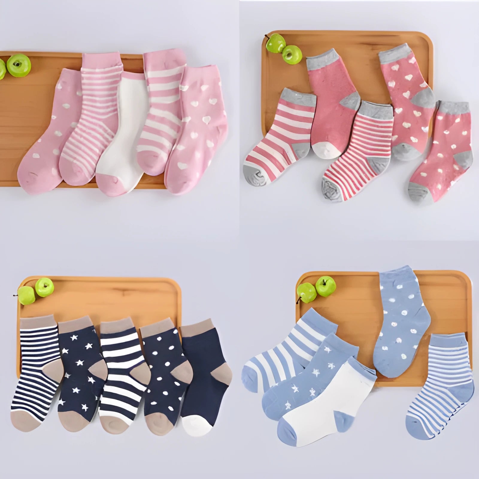 Cotton tube child socks with jacquard pattern in multiple colours including blue, khaki, navy, pink, stripe, and watermelon red