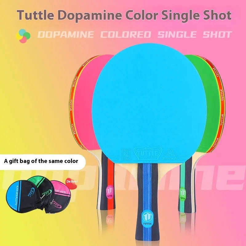 Table tennis racket with cover and bag in pink, blue and green shakehand grip colours