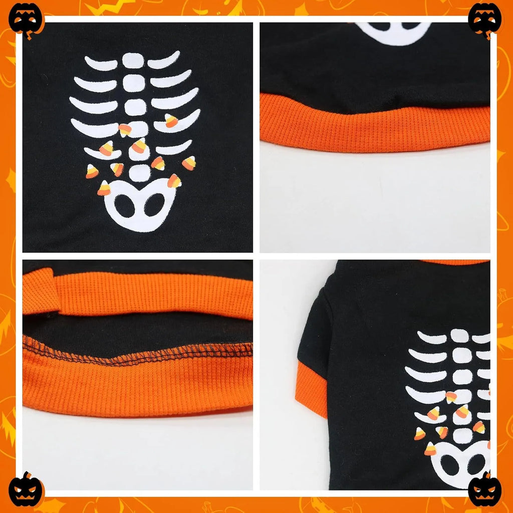Orange dog sweatshirt with white skeleton bones print on a small Dachshund.
