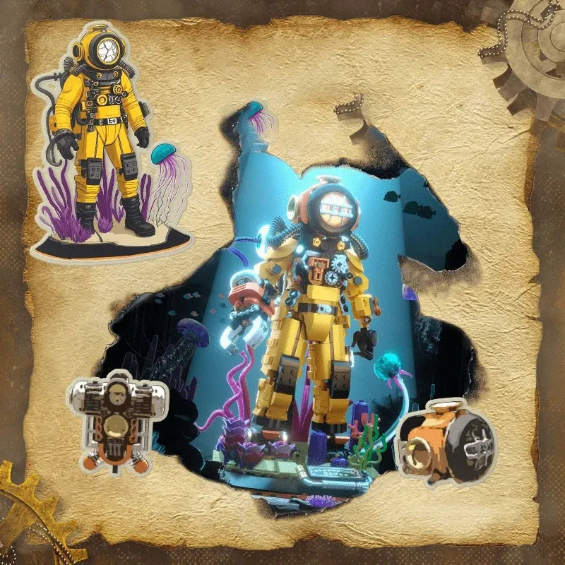 Steampunk diver small particle plastic building block model in colour box