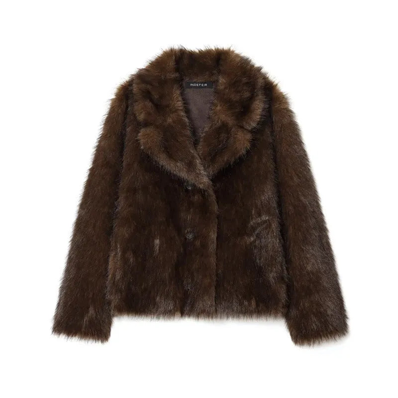 Brown women's double-sided faux fur effect jacket coat with faux fur collar, long sleeves, 50cm length, sizes XS to L