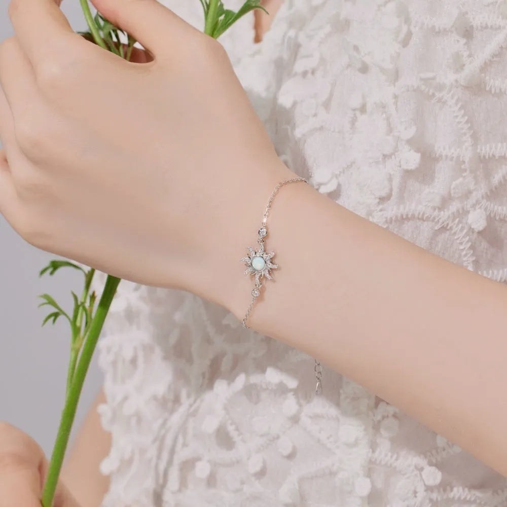 S925 sterling silver bracelet with opal and zircon in sunflower design starry compass motif