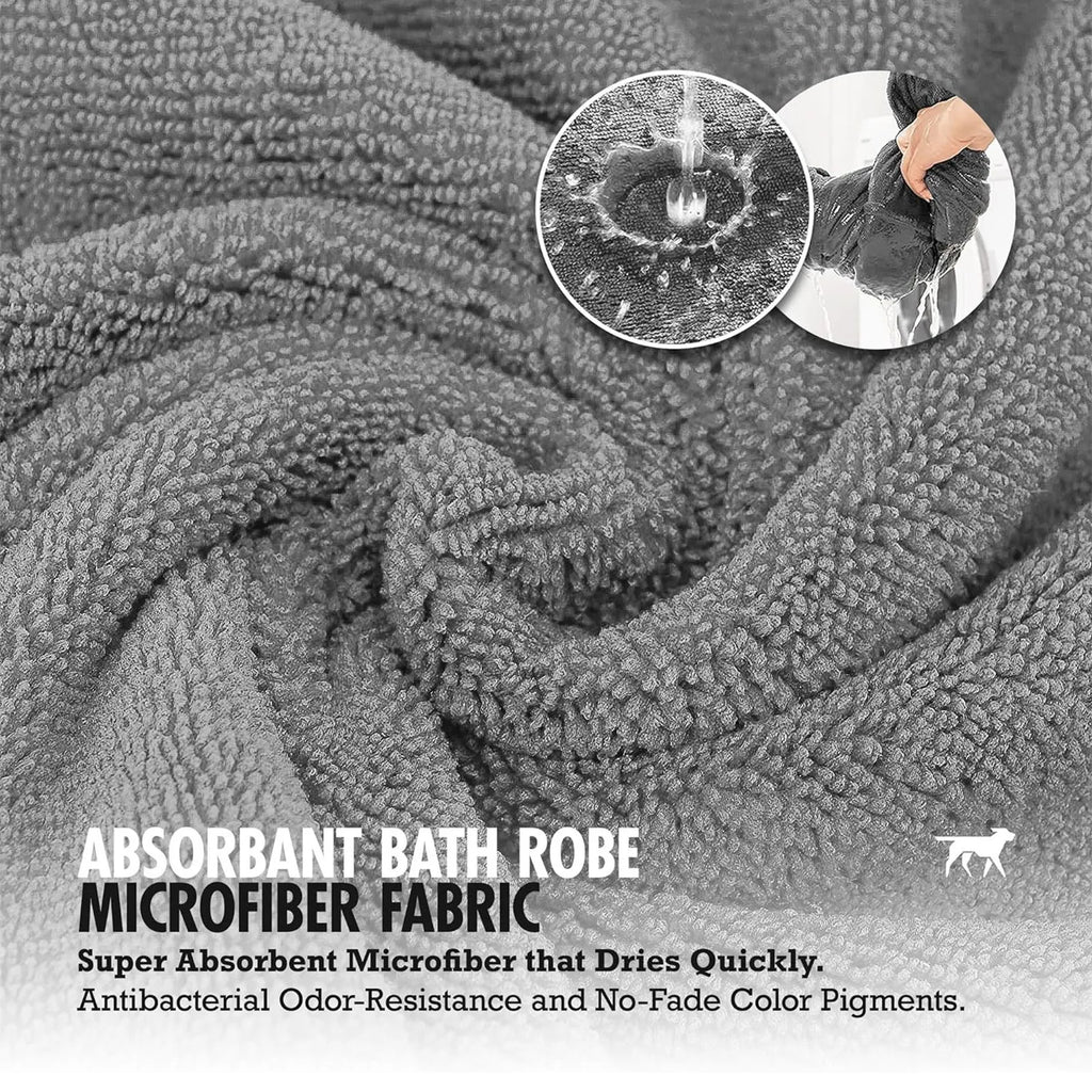 Super absorbent dog bathrobe drying towel coat outfit shown in multiple sizes for medium and large dog breeds.