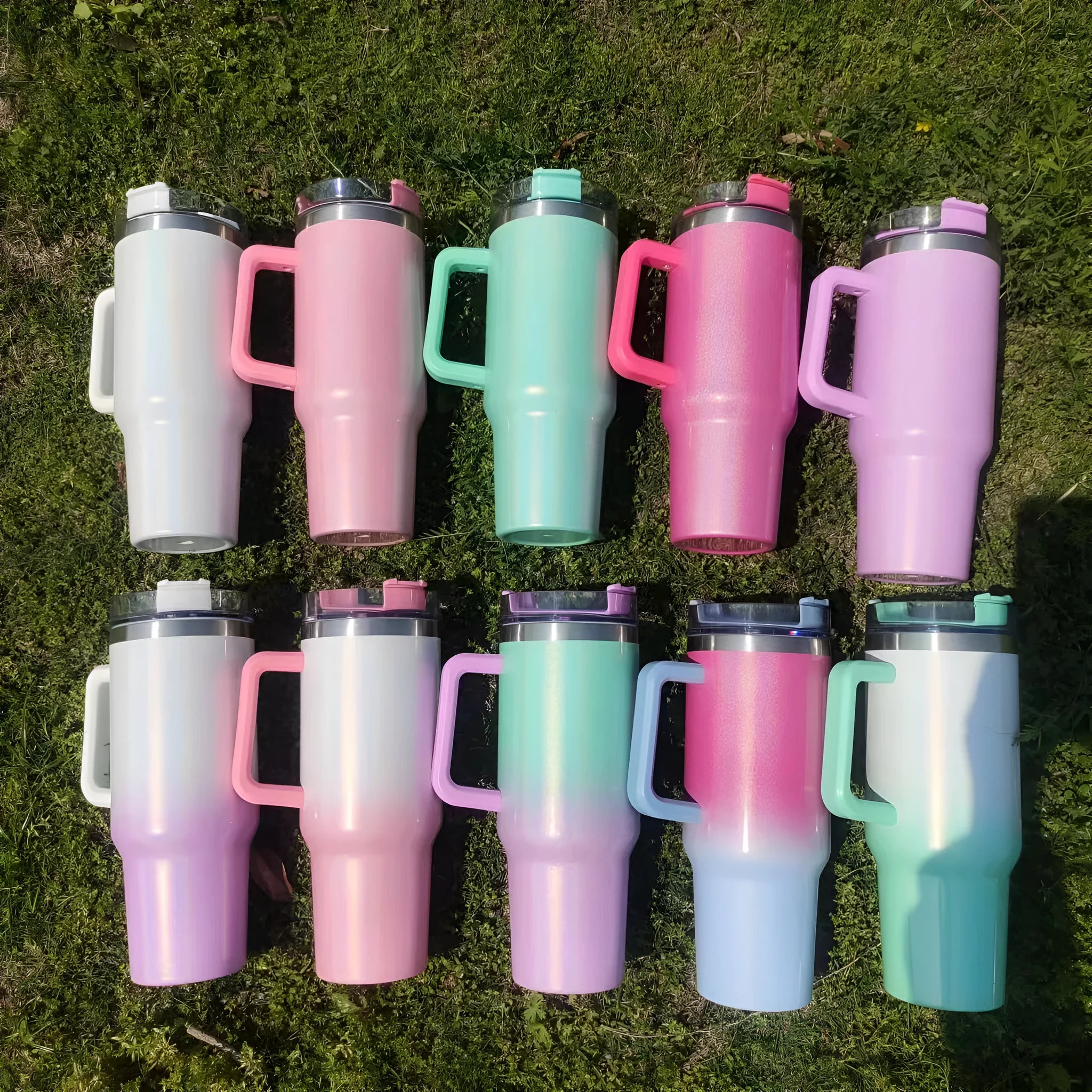 Large stainless steel vacuum flask in a gradient colour with lid, showing its height and diameter.