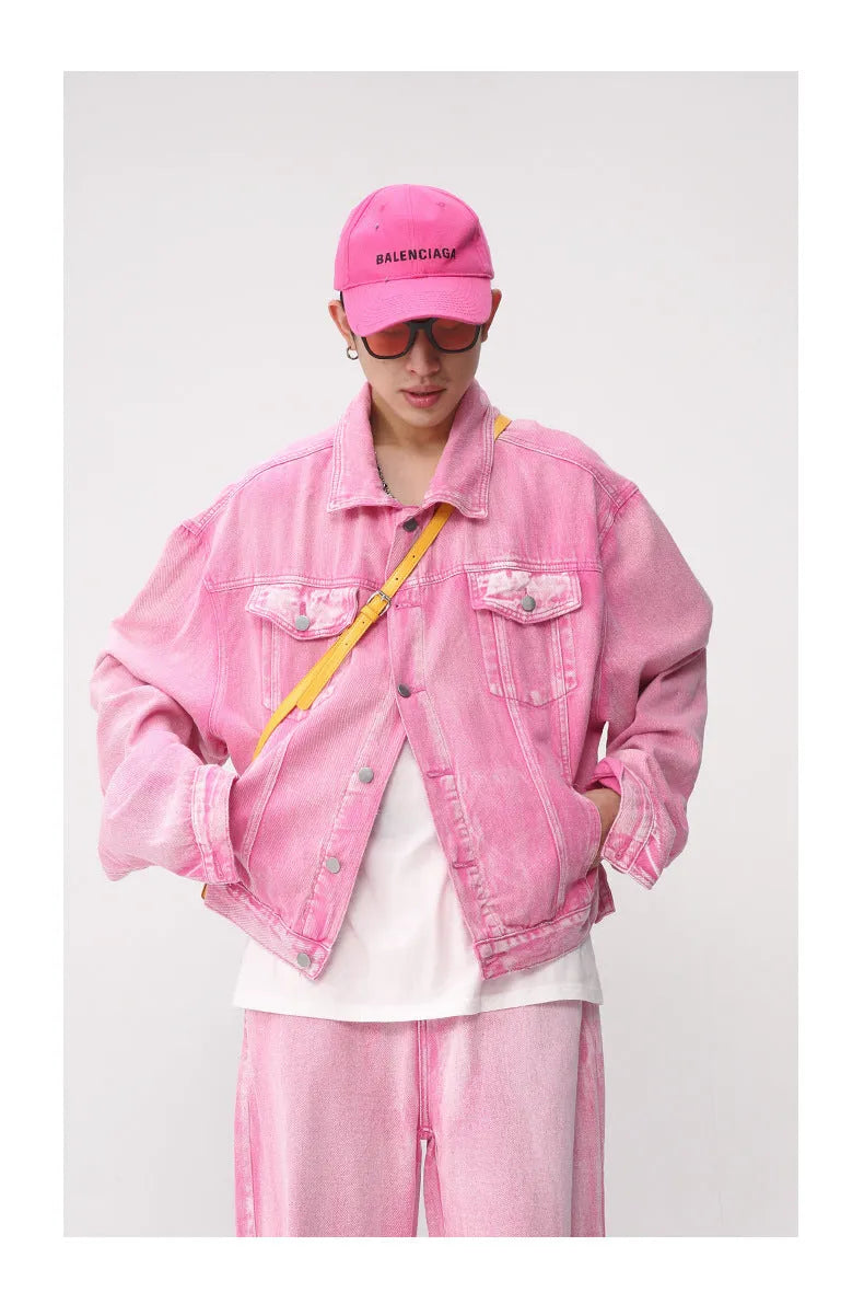Denim jacket straight jeans set for men cotton spring pink colour