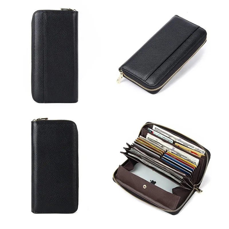 Women's genuine leather long wallet in multiple colours showing interior card slots and anti-theft protection