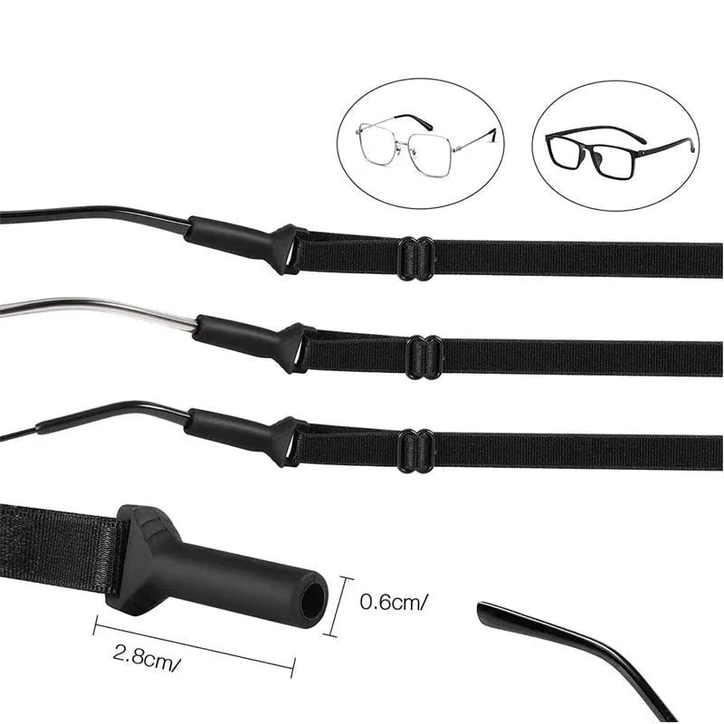 Black adjustable glasses cord with silicone earpiece hooks for spectacle retention